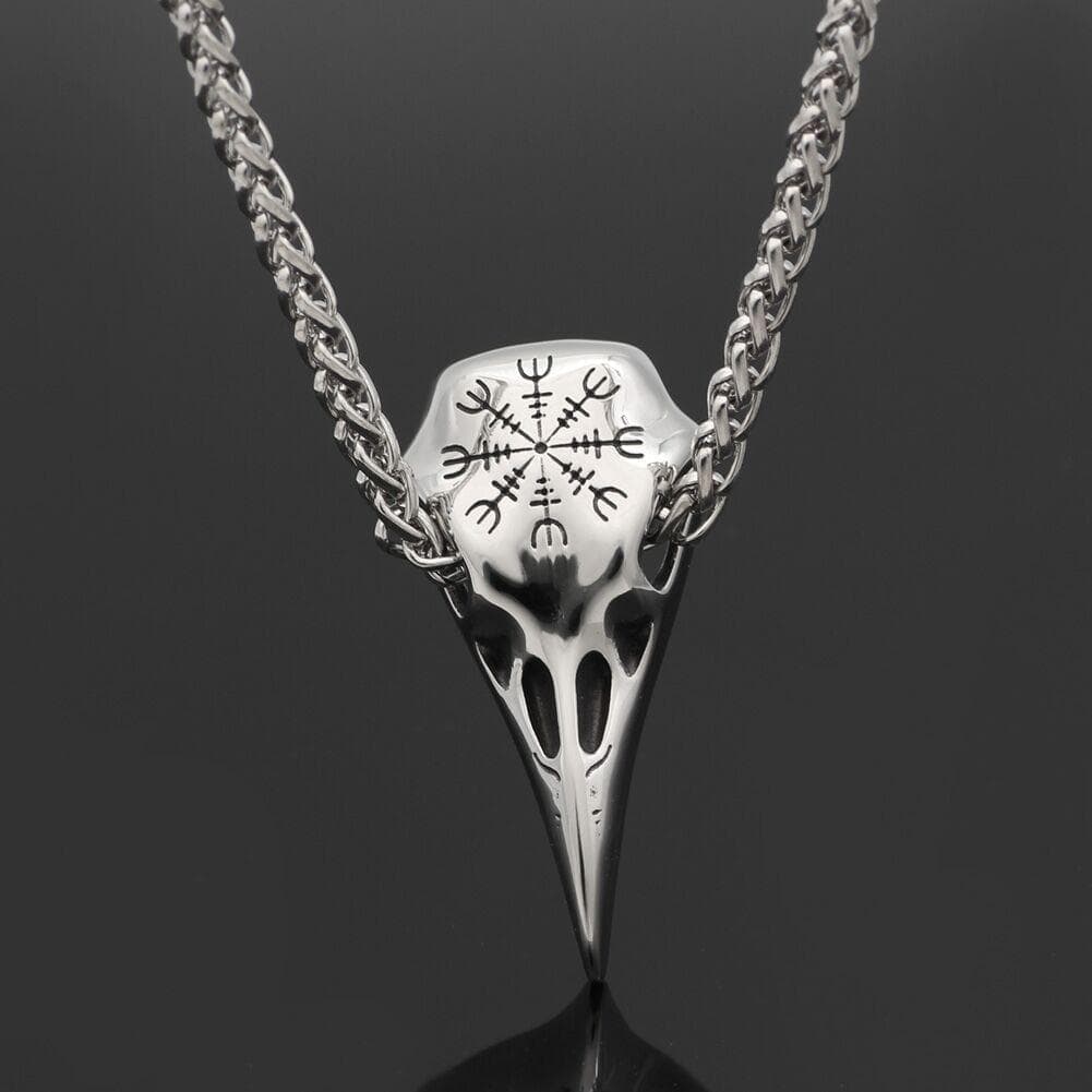 Vikings Helm of Awe Raven Skull Stainless Steel Necklace