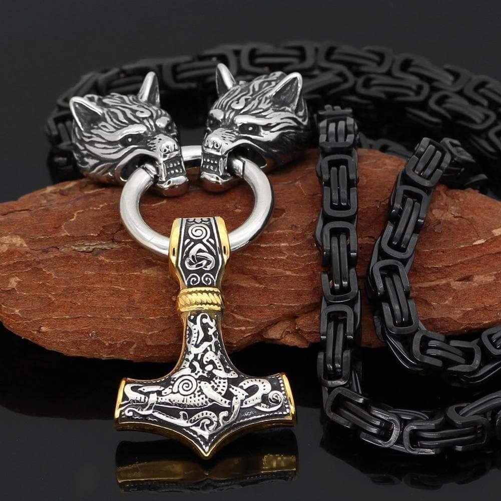Vikings Wolf Head Black King Chain Mjolnir Stainless Steel Necklace