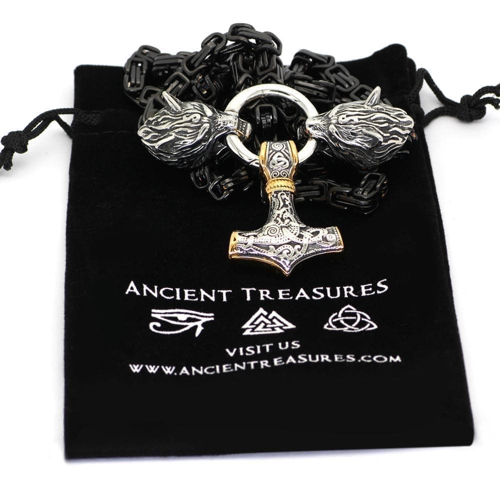 Vikings Wolf Head Black King Chain Mjolnir Stainless Steel Necklace
