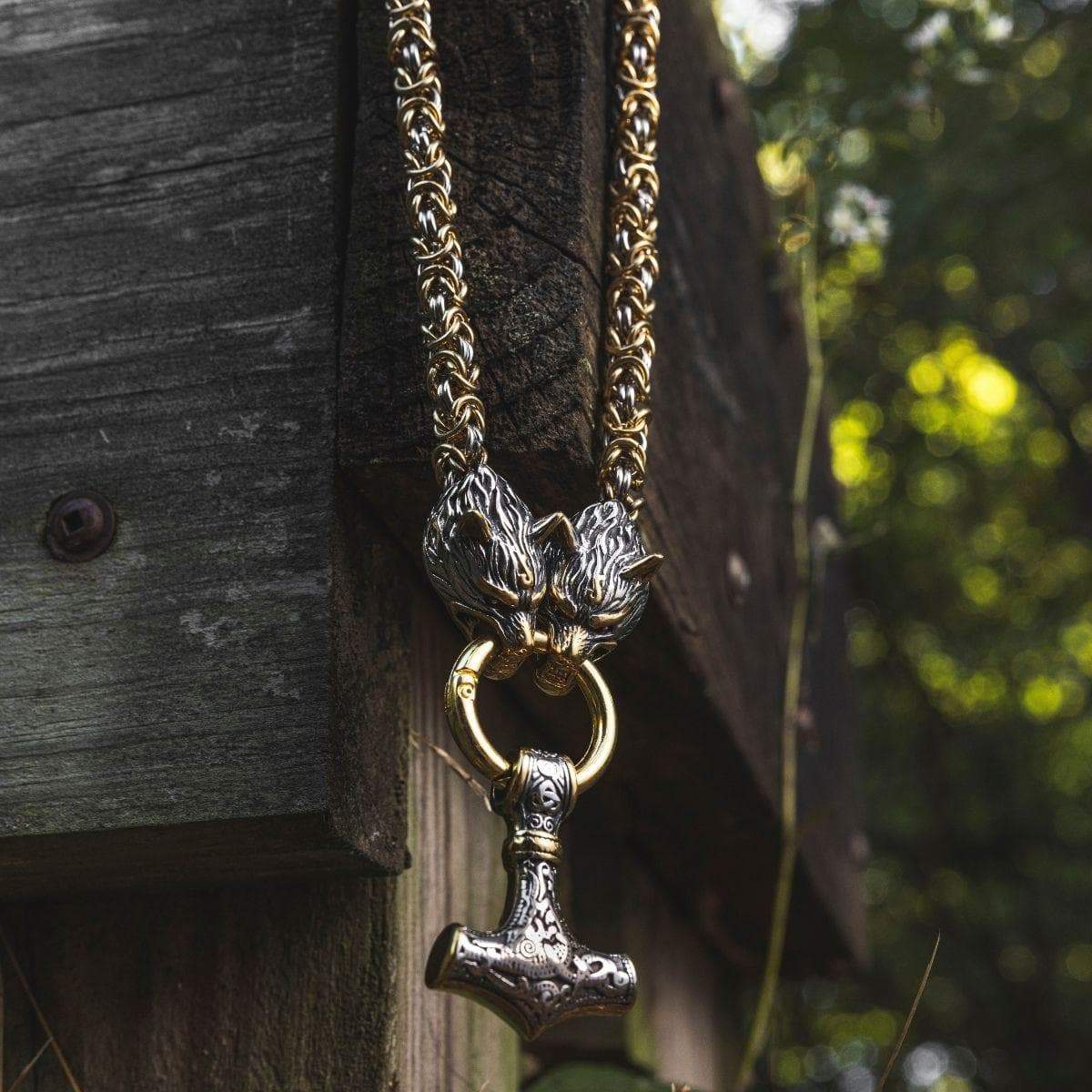 Vikings Wolf Head Mjolnir Byzantine Chain with Stainless Steel Necklace