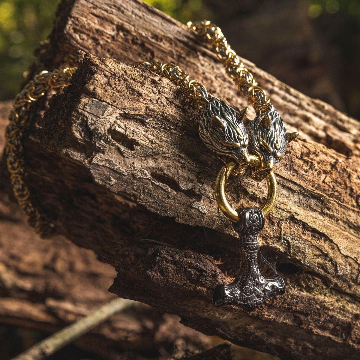 Vikings Wolf Head Mjolnir Byzantine Chain with Stainless Steel Necklace