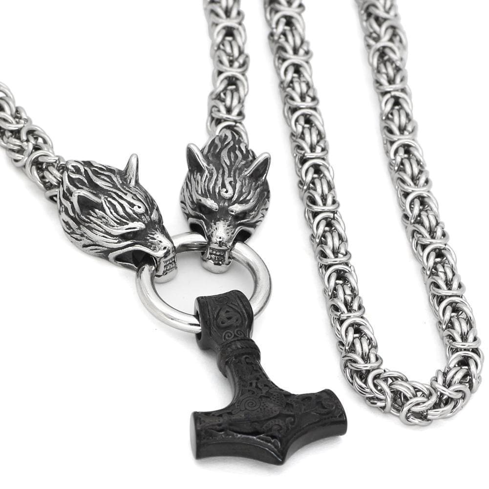 Vikings Wolf Head Mjolnir King Chain Stainless Steel Necklace
