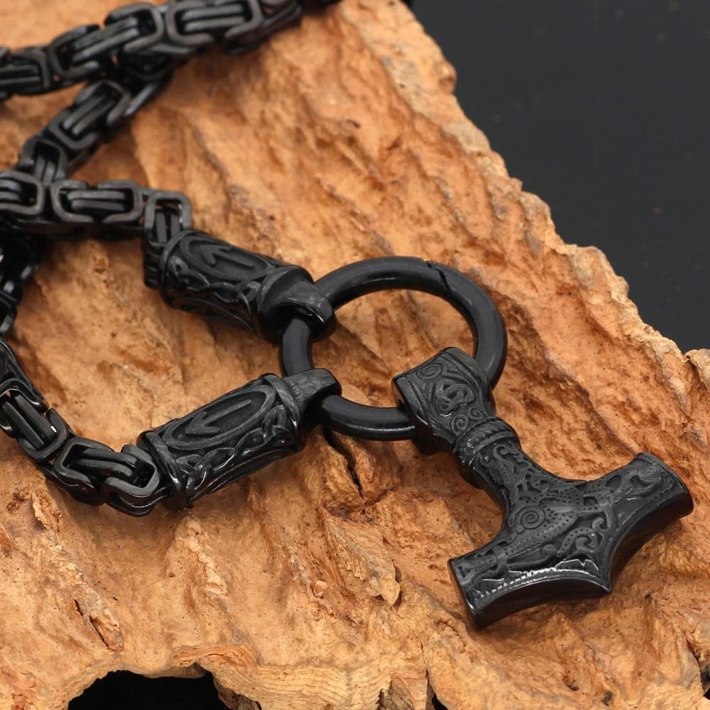 Vikings Skane Thor's Hammer Pendant with Runic King Chain