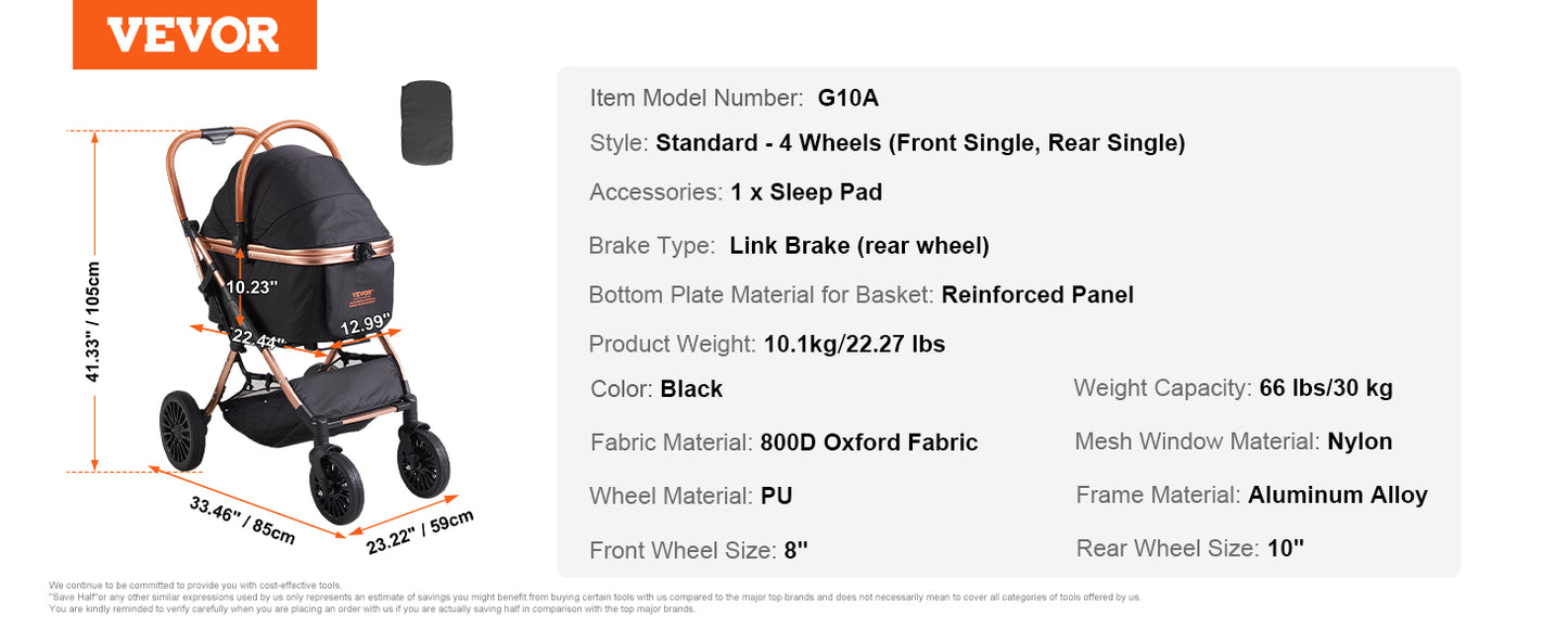 VEVOR 66 lbs Pet Stroller Foldable Dog Puppy Stroller with Brakes Storage Basket Detachable Carrier for Small to Medium Dogs - Premium  from Lizard Vigilante - Just $229.99! Shop now at Lizard Vigilante