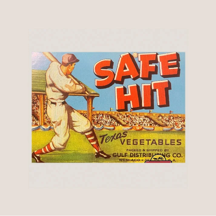 Pristine 1950s Vintage Safe Hit Baseball Crate Label from Texas