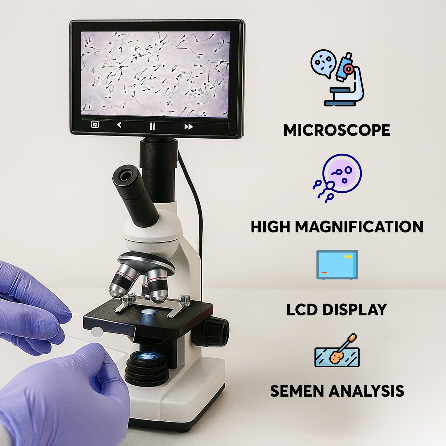Veterinary Grade Canine Semen Analysis Microscope – 7” HD Display, Dual LED Lighting, WF10X Eyepiece, Slides & Cover Slips, Durable Steel Frame, Portable Metal Carrying Case