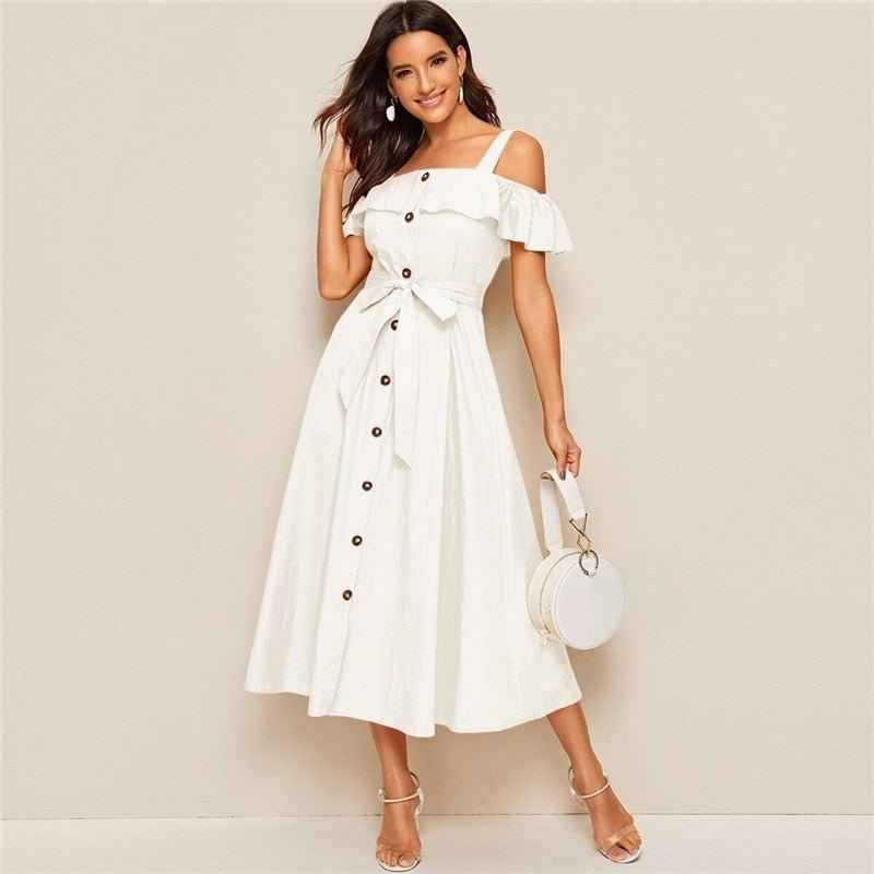 White Button-Down MIDI Dress : With Fresh Tie Waist
