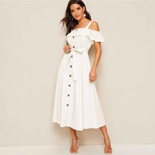 White Button-Down MIDI Dress : With Fresh Tie Waist