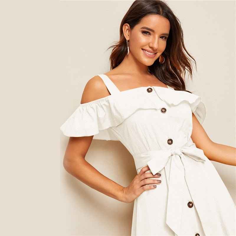 White Button-Down MIDI Dress : With Fresh Tie Waist