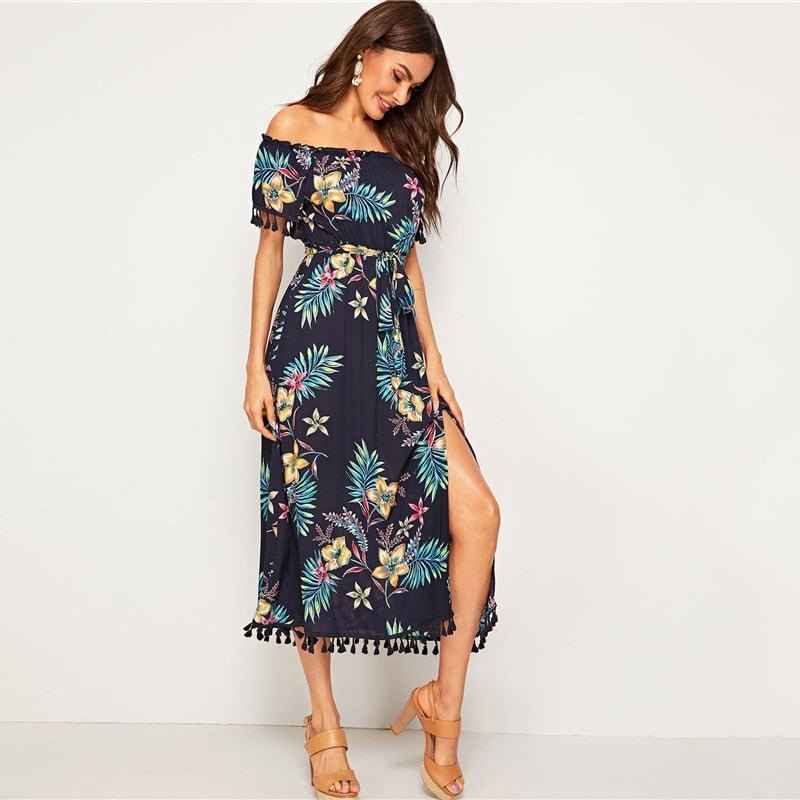 Navy Tropical Print Tassel : Long Dresses