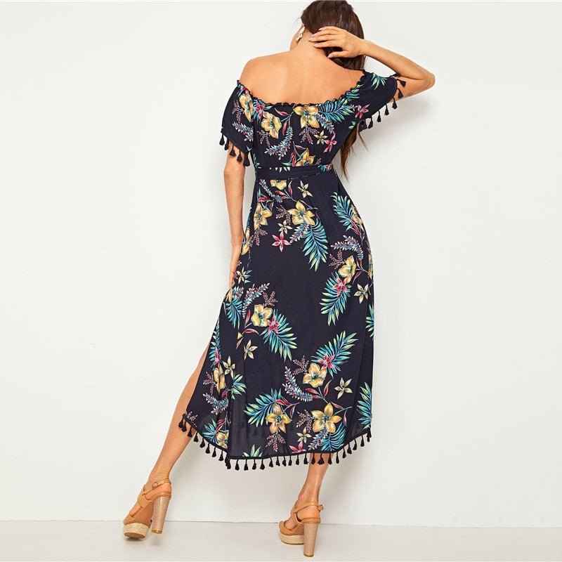 Navy Tropical Print Tassel : Long Dresses