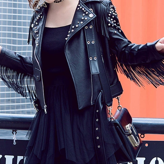 Fringed Rivet Punk Leather Jacket Women  PU Leather Jacket Locomotive Short Coat motorcycle Outerwear Ladies Coats