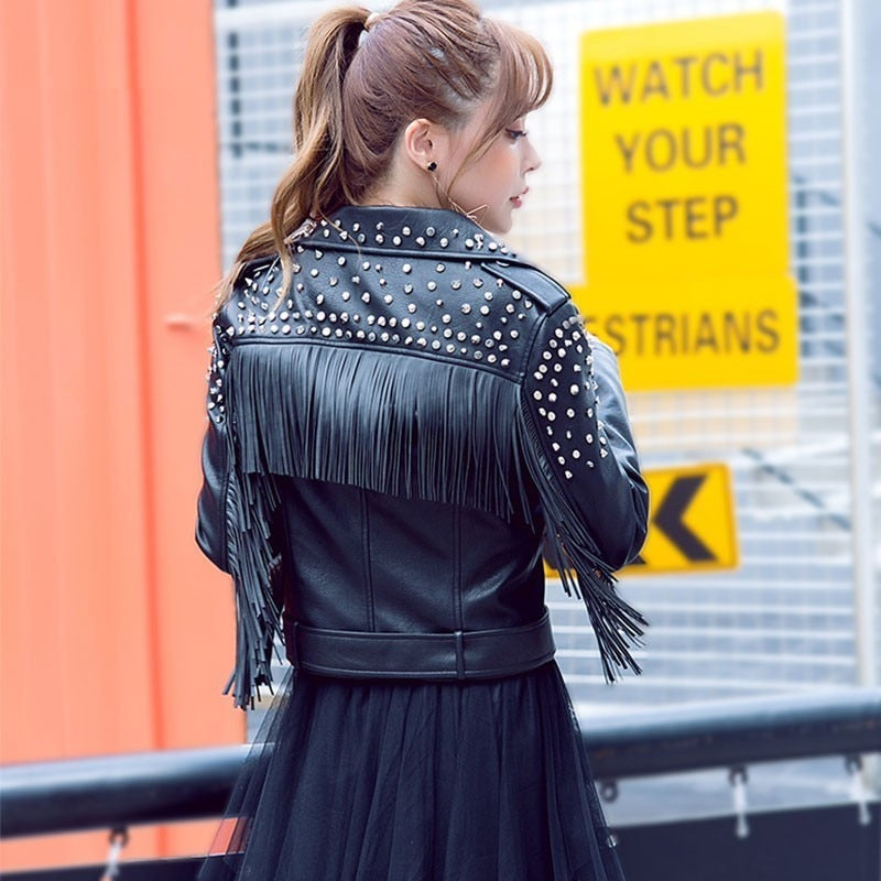 Fringed Rivet Punk Leather Jacket Women  PU Leather Jacket Locomotive Short Coat motorcycle Outerwear Ladies Coats