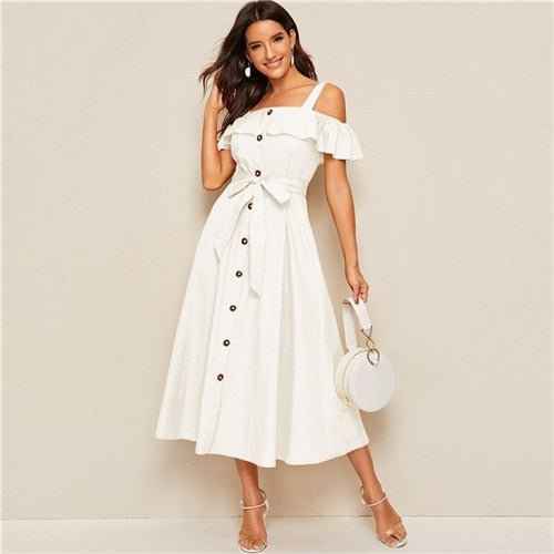 White Button-Down MIDI Dress : With Fresh Tie Waist