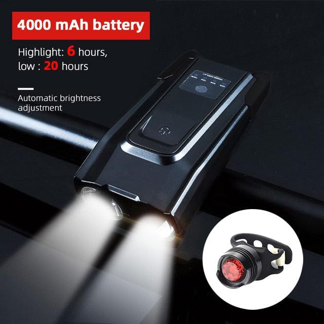 4000mAh Bicycle Front Light Set USB Rechargeable Smart Headlight With Horn 800 Lumen LED Bicycle Light Set USB Rechargeable Super Bright  Bike Headlight