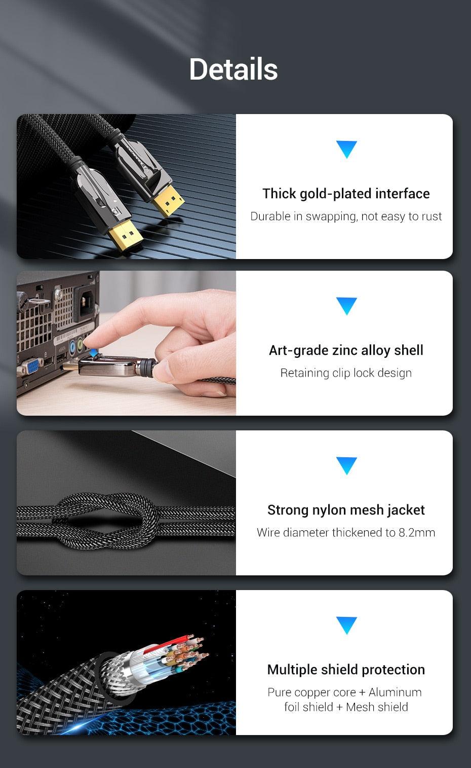 Fast 1.4Gbps 8K 60Hz 4K HDR  Display Port Audio Cable for Video PC Laptop TV