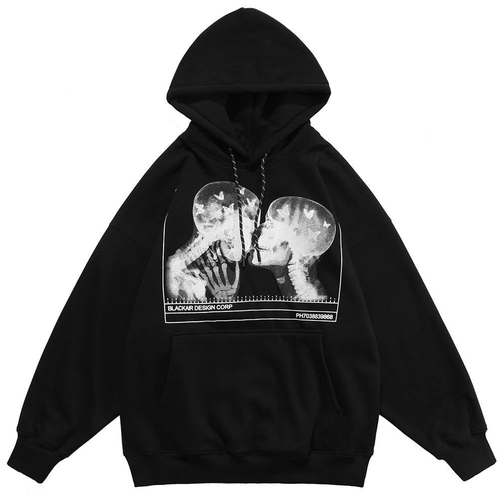 Hoodies Men Scary Skeleton Bone Print Plus Velvet Pullover Couple Oversize Gothic Diablo Style Punk Harajuku Streetwear