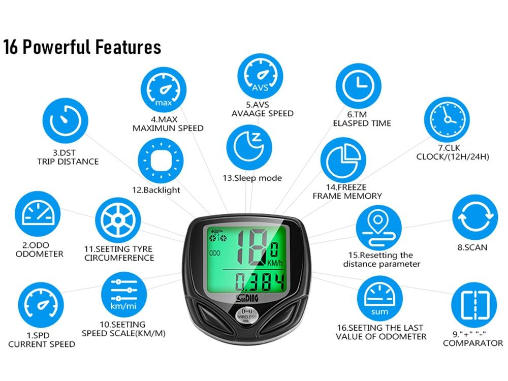Bike Computer Wireless Waterproof Bicycle Computer 16 Functions Speed Cycle Speedometer Waterproof Wireless Bicycle Bike Computer And Cycling Odometer With Multi-Function LCD Backlight Display
