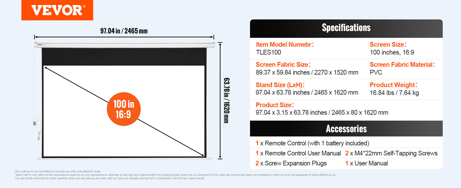 VEVOR Electric Motorized Projector Screen 100/120 inch 16:9 4K 1080 HD Wall Mount Movie Screen for Family Home Office Theater - Premium  from Lizard Vigilante - Just $339.99! Shop now at Lizard Vigilante