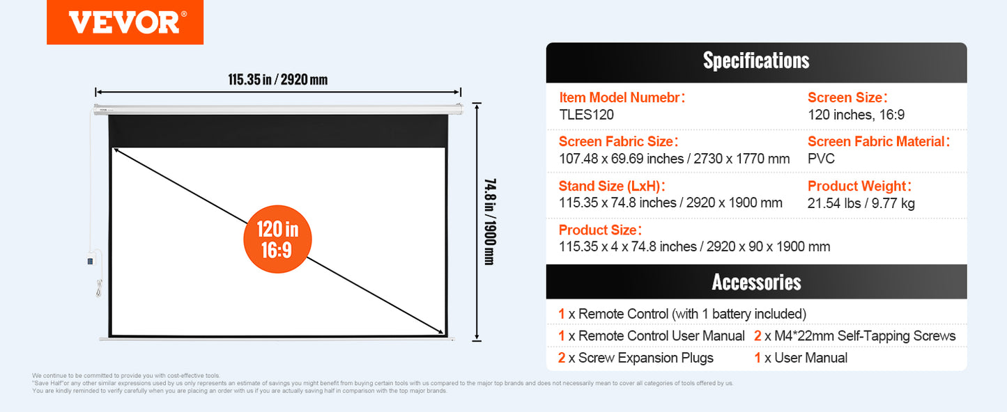 VEVOR Electric Motorized Projector Screen 100/120 inch 16:9 4K 1080 HD Wall Mount Movie Screen for Family Home Office Theater - Premium  from Lizard Vigilante - Just $339.99! Shop now at Lizard Vigilante