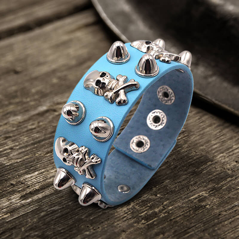Punk Crossbones Skull Pu Leather Spiked Bracelet