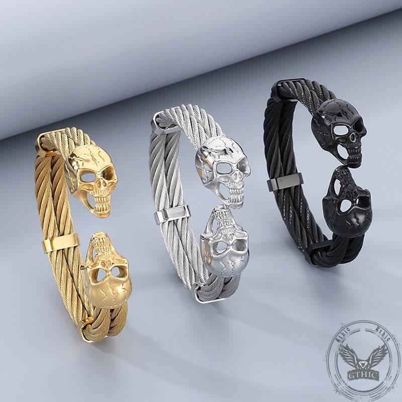 Punk Double Skull Wire Stainless Steel Bracelet