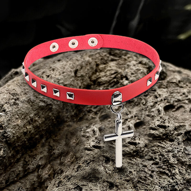 Punk Rivet Cross Pu Leather Choker Necklace