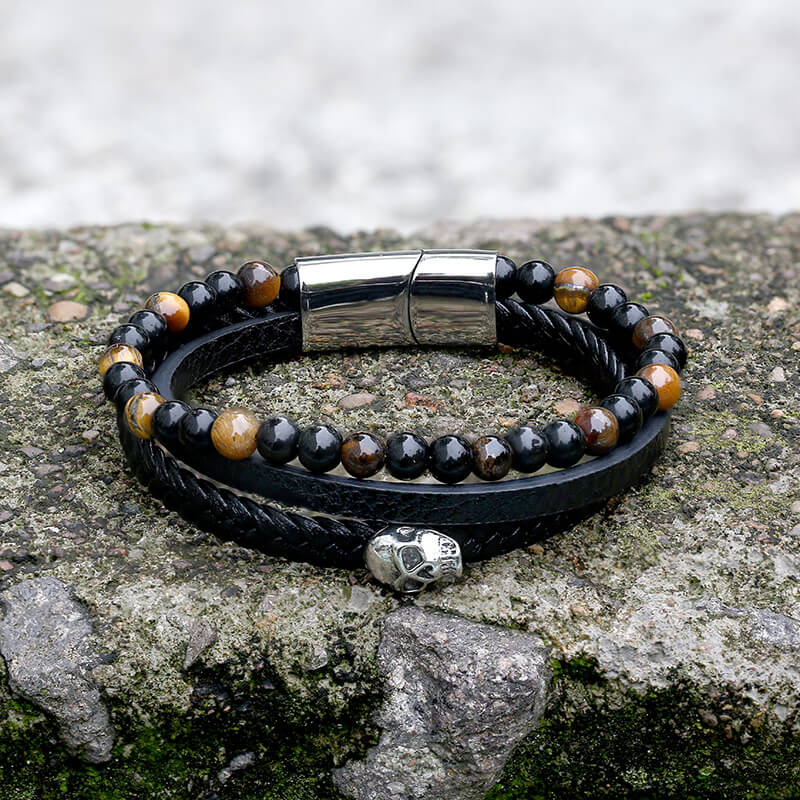 Punk Tiger Eye Skull Leather Bead Bracelet