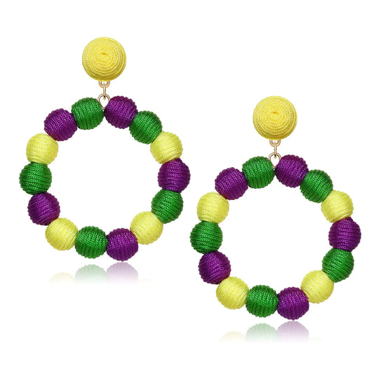 Mardi Gras Earrings Rattan Earrings Rattan Ball Hoop Dangle Earrings for Women Handmade Bohemia Earrings Braid Straw Wicker Raffia Earrings Summer Beach Accessory Gifts (Mardi Gras Color)