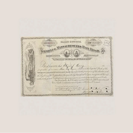 Rare 1800s Vermont and Massachusetts Railroad Stock Certificate