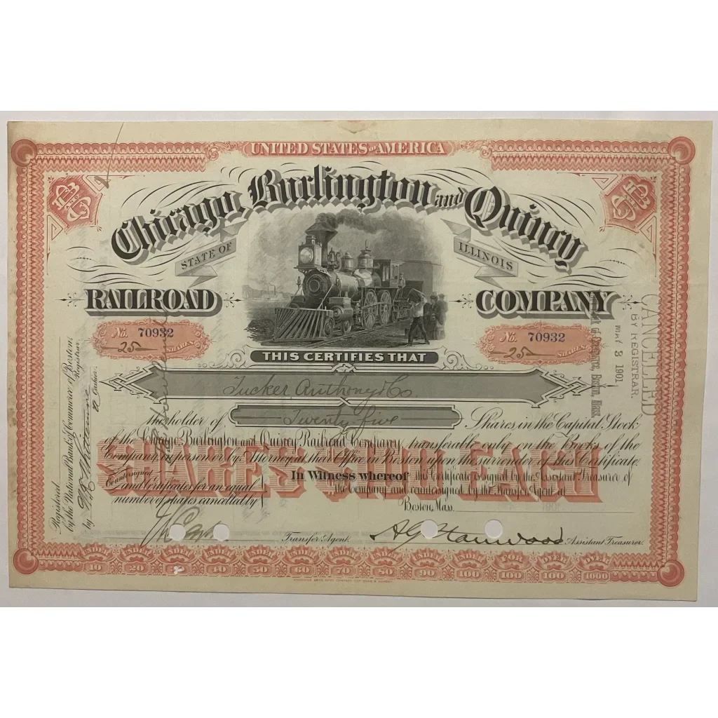 Rare Orange Chicago Burlington Stock Certificate Treasure