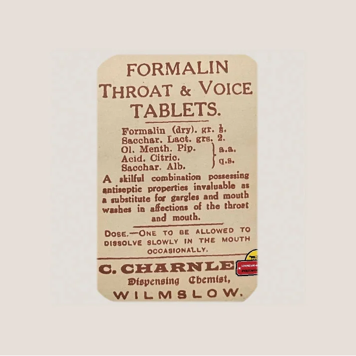 Rare 1910s Formaline Pharmacy Label Cures Throat Ailments