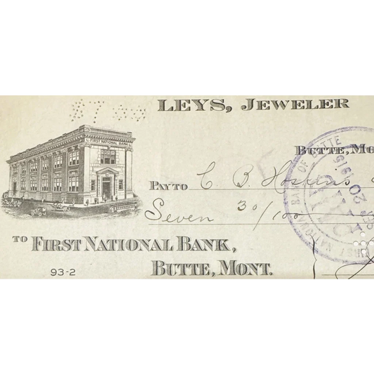 Rare 1910s Leys Jeweler Check from Historic Butte Montana Mining Town