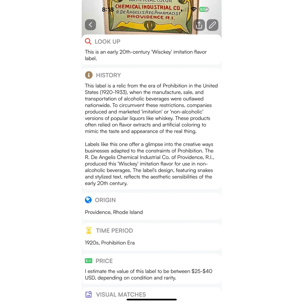 Rare 1920s Whiskey Flavor Antique Vintage Pharmacy Label from RI