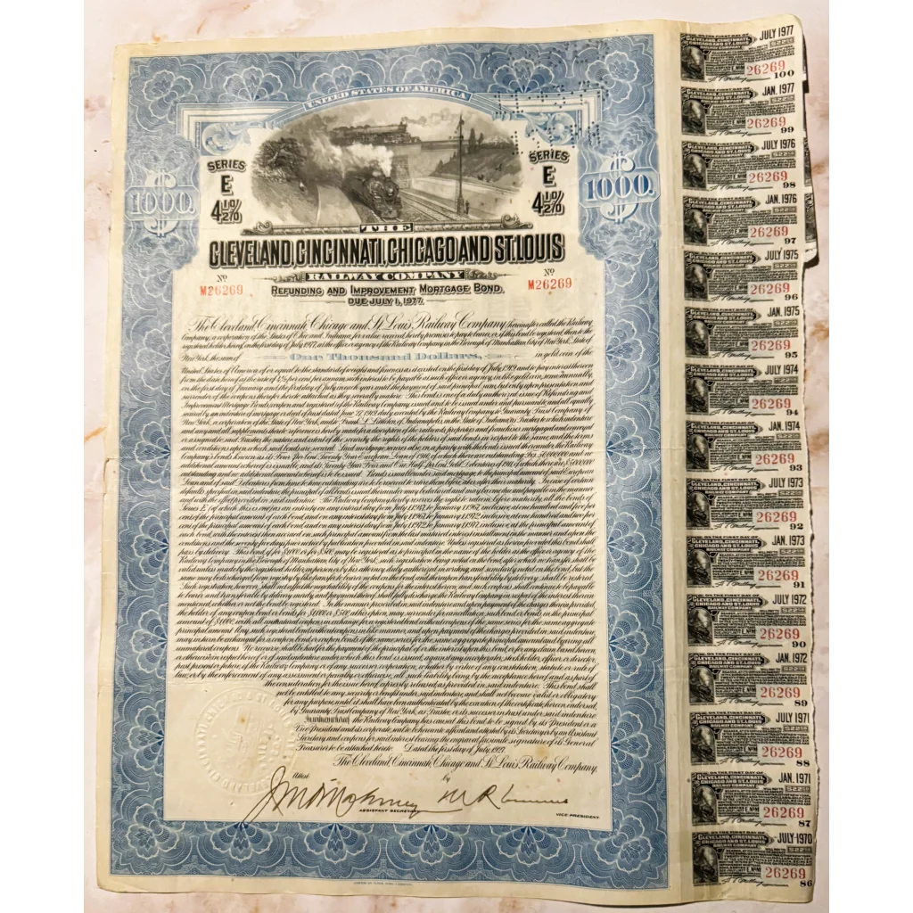 Rare 1927 Cleveland Cincinnati Chicago & St Louis Railway Bond