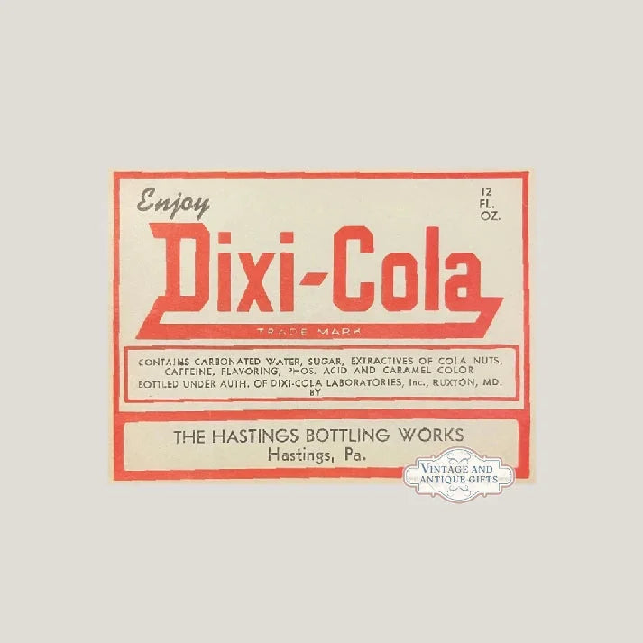 Rare 1930s Antique Vintage Dixi-Cola Label from Pennsylvania