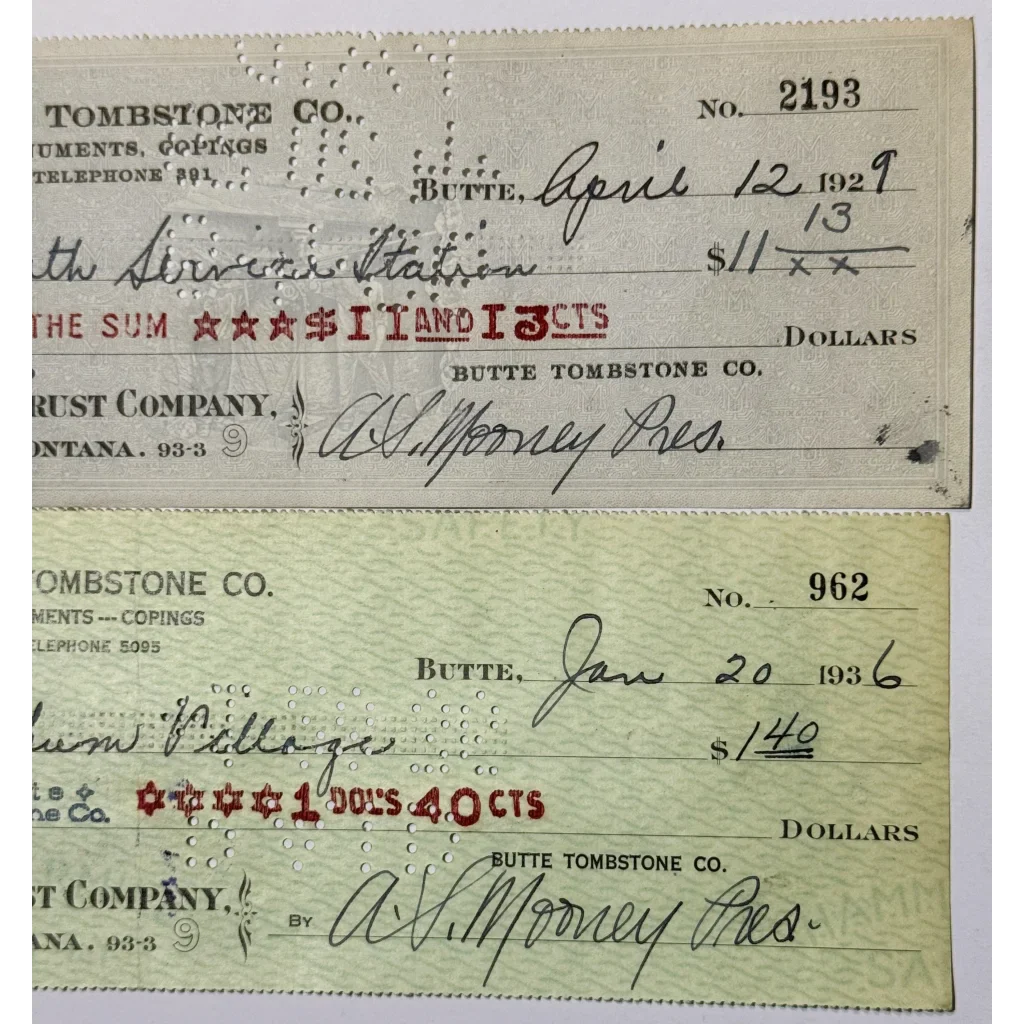 Rare 1930s Butte Tombstone Company Checks from Montana Mining Era