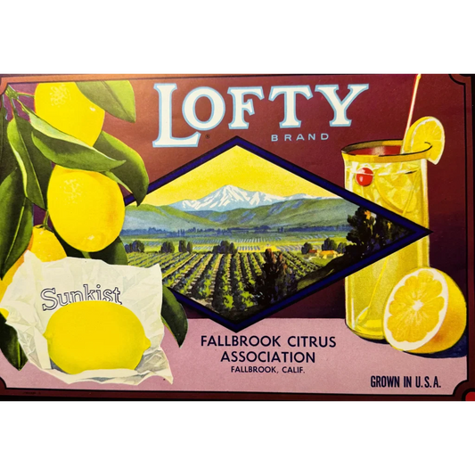 Rare 1930s Lofty Lemons Vintage Crate Label from Fallbrook