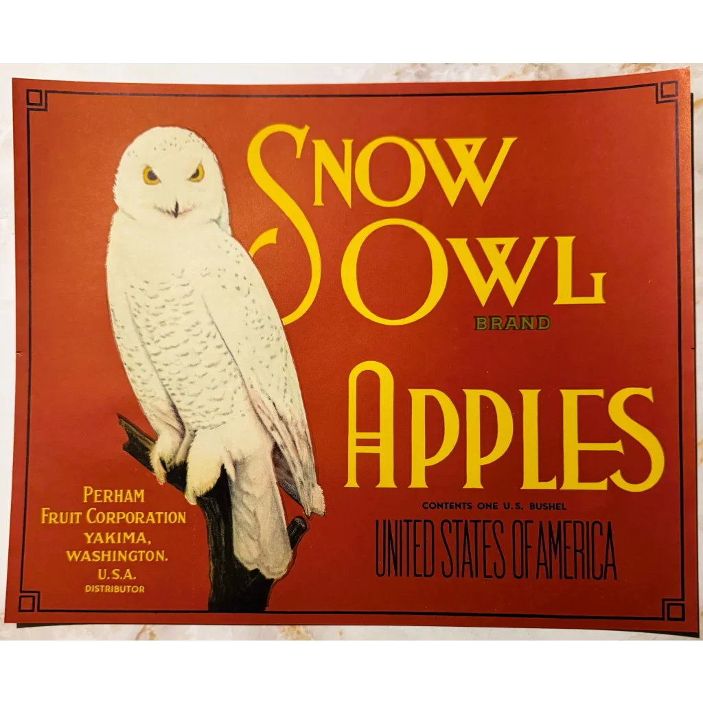 Rare 1930s Snow Owl Apple Crate Label from Yakima Washington