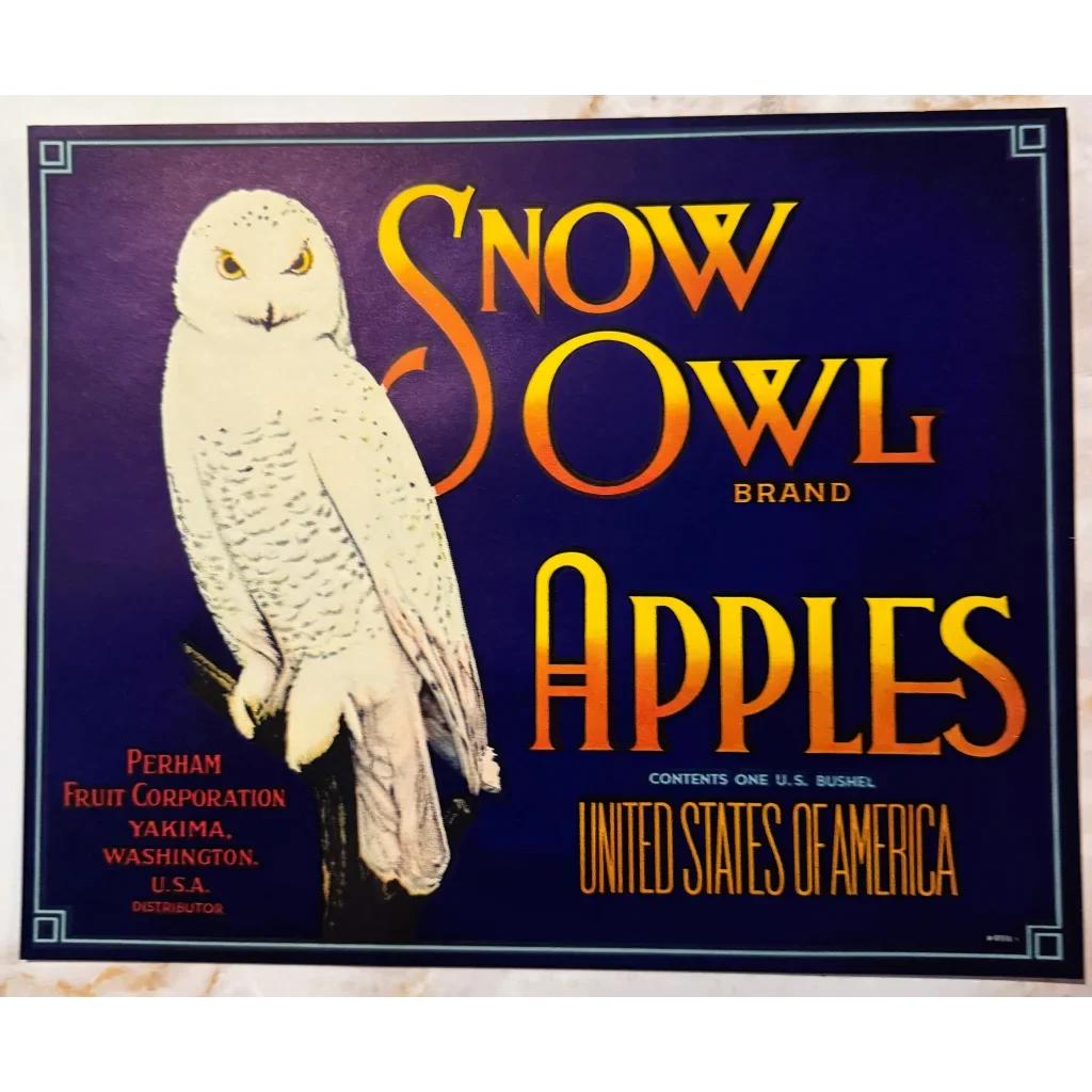 Rare 1930s Snow Owl Apple Crate Label from Yakima Washington