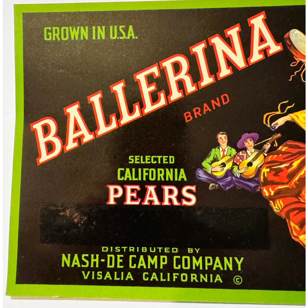 Rare 1940s Ballerina Pears Crate Label from Nash-De Camp