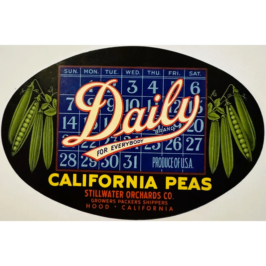 Rare 1940s Daily Peas Crate Label from California Orchards