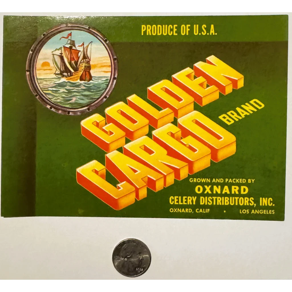 Rare 1940s Golden Cargo Celery Crate Label with Nautical Ship Design