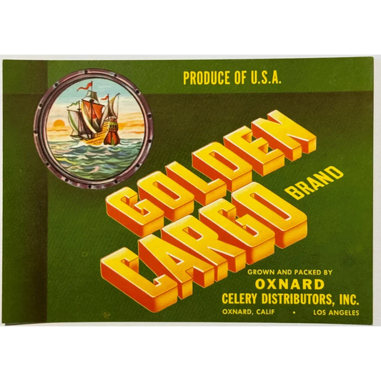Rare 1940s Golden Cargo Celery Crate Label with Nautical Ship Design