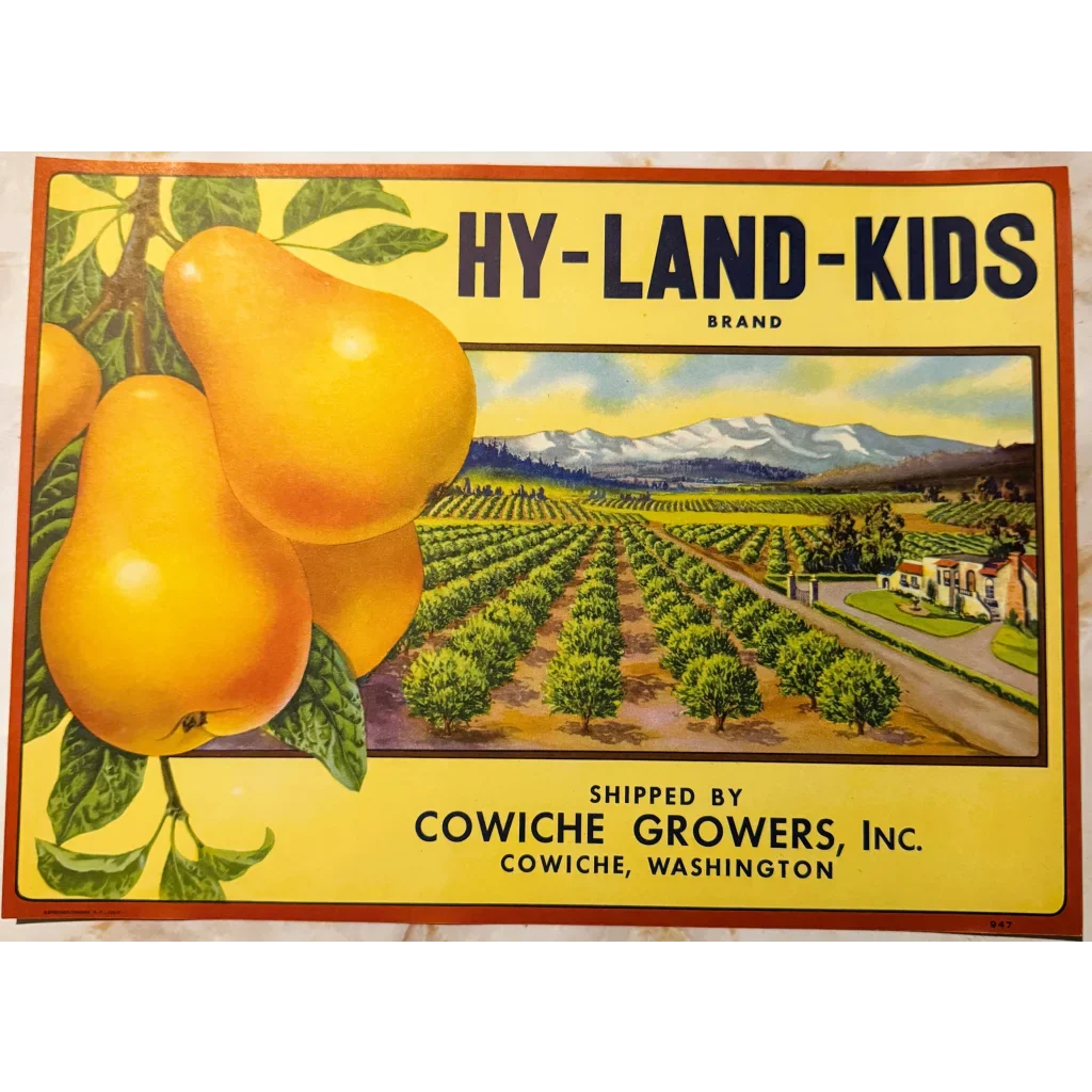 Rare 1940s Hy-Land-Kids Pears Label from Cowiche Washington