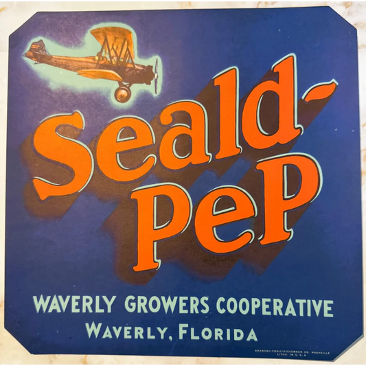 Rare 1940s Seald-Pep Biplane Crate Label from Florida Growers