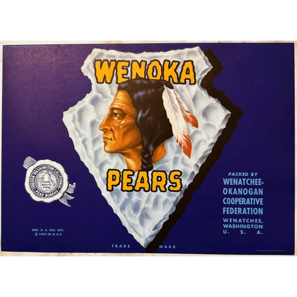 Rare 1940s Wenoka Pear Label Showcases Native American Design