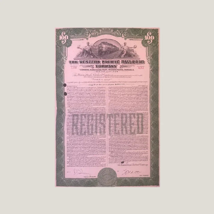 Rare 1945 Western Pacific Railroad Antique Vintage Bond Certificate