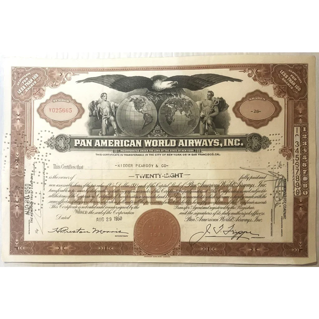 Rare 1950 Pan American World Airways Stock Certificate
