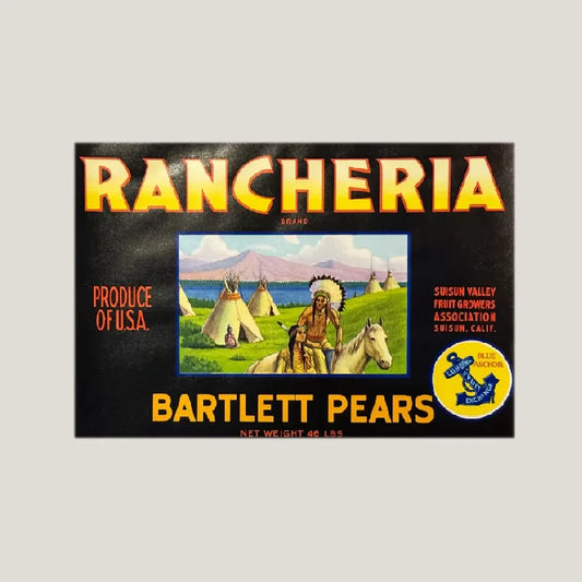 Rare 1950s Rancheria Pear Label with Native American Scene